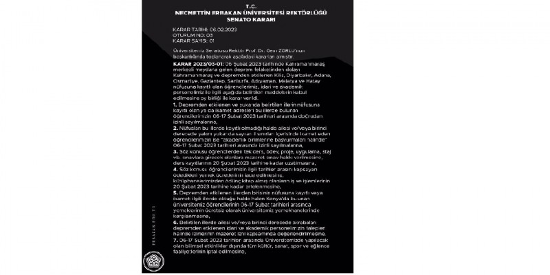 Çok Sayıda İlimizde Meydana Gelen Deprem İle İlgili Acil Koduyla Toplanan Üniversite Senatomuzun Aldığı Kararlar