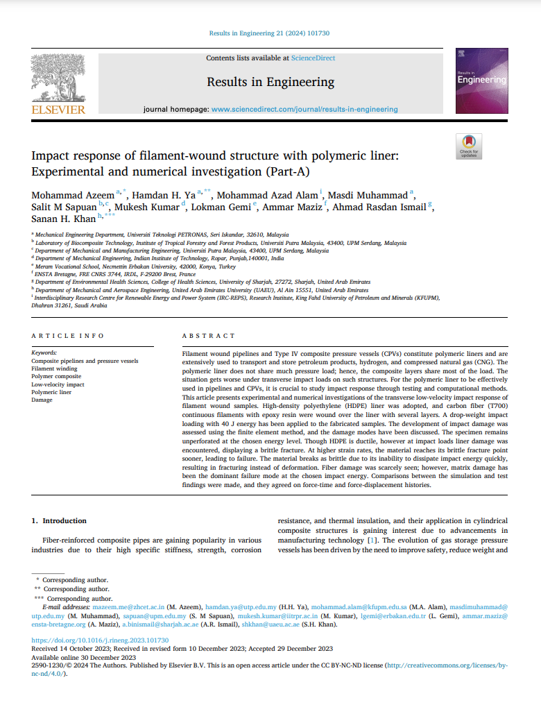 Impact response of filament-wound structure with polymeric liner: Experimental and numerical investigation (Part-A)