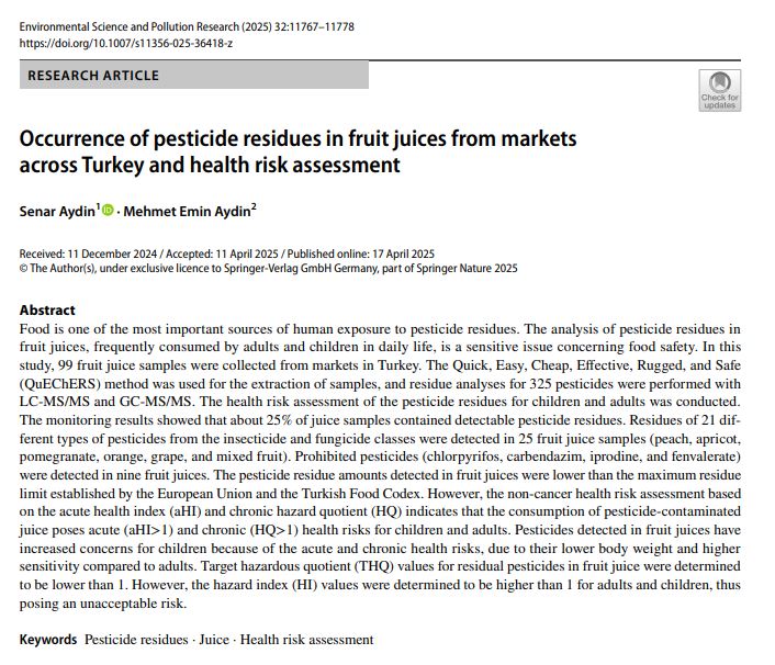 Occurrence of pesticide residues in fruit juices from markets across Turkey and health risk assessment