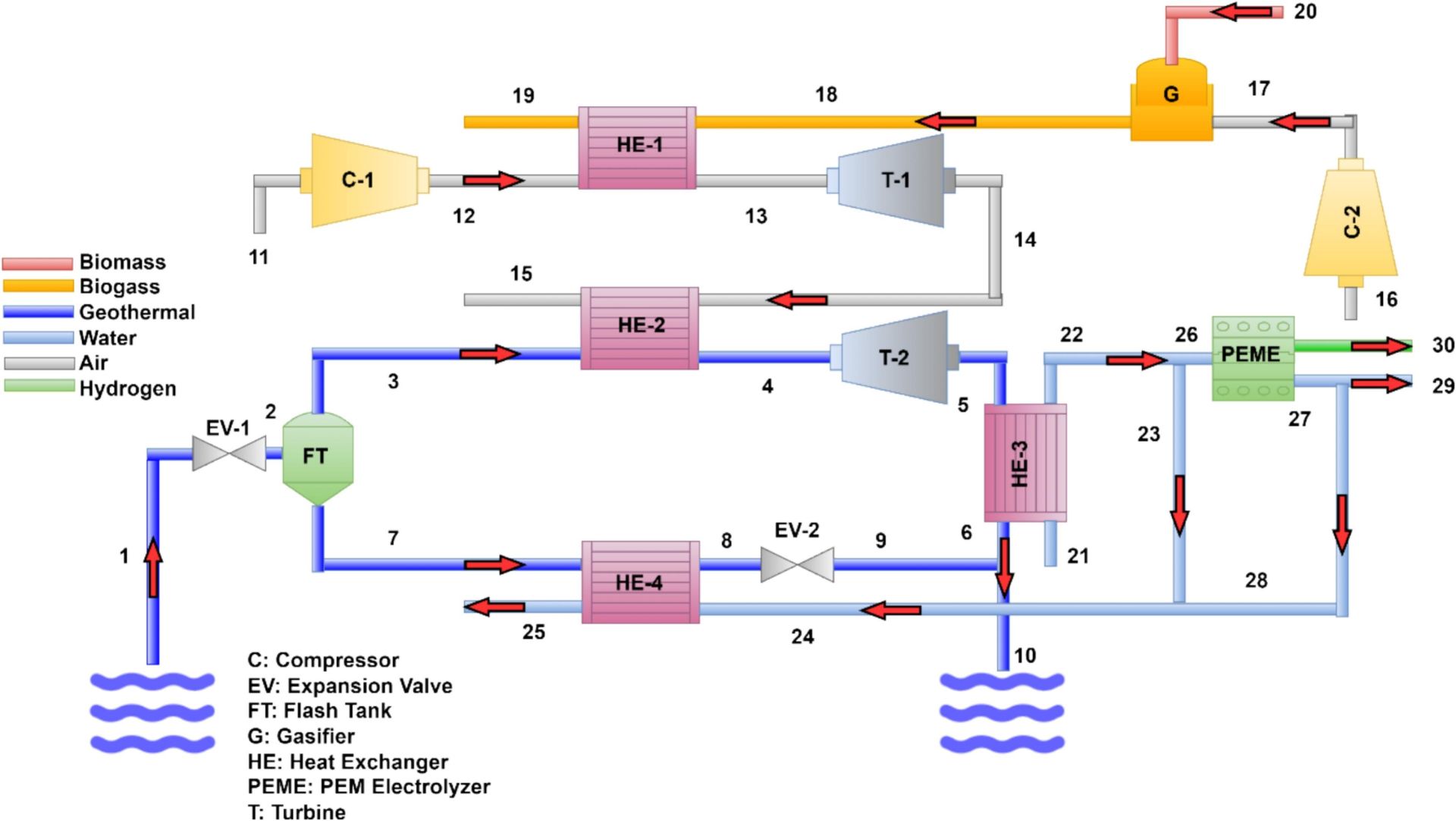 Performance analysis of a geothermal and biomass sourced power system producing hydrogen